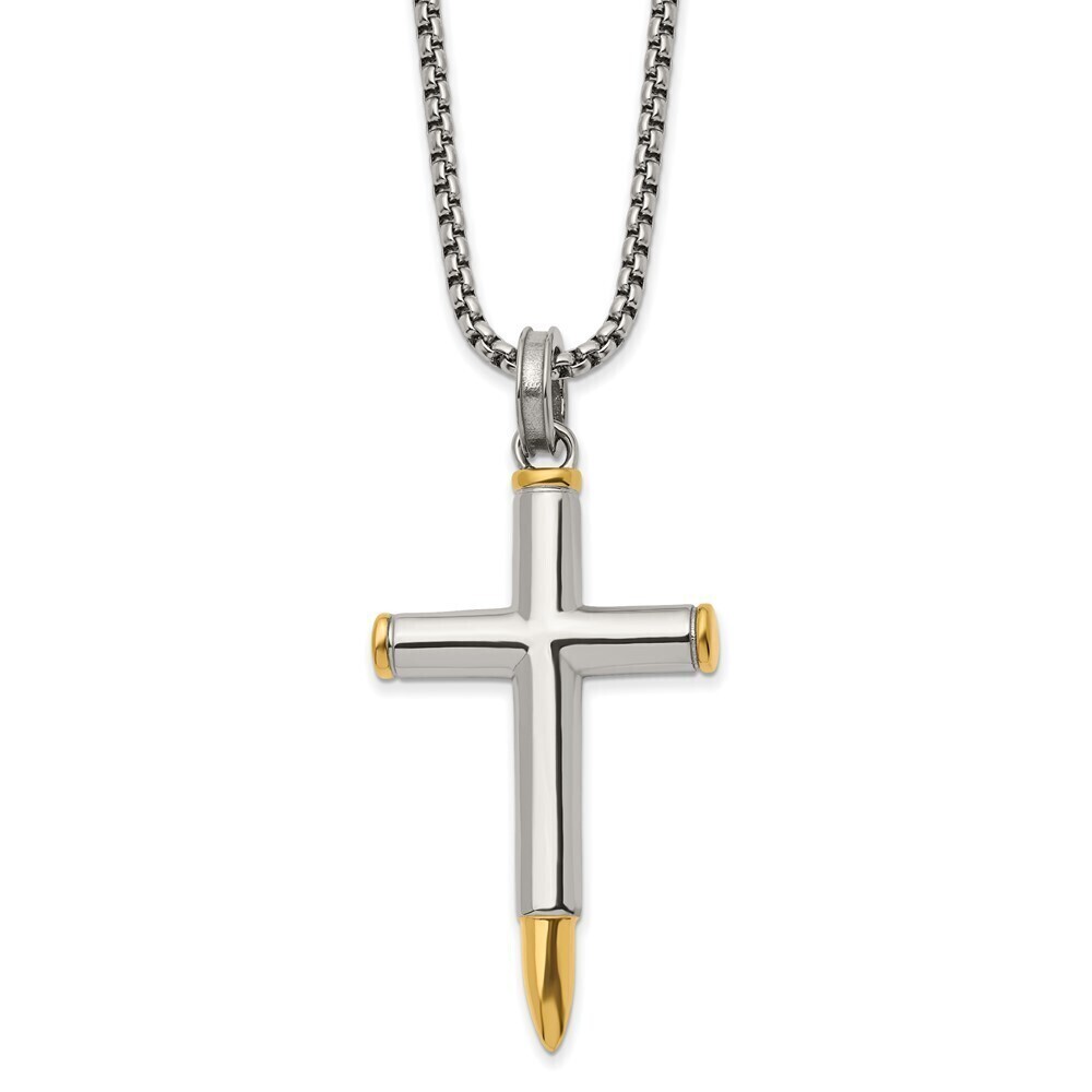 Kazi Luxury Stainless Steel Polished Yellow IP-plated Bullet Cross 24in Necklace